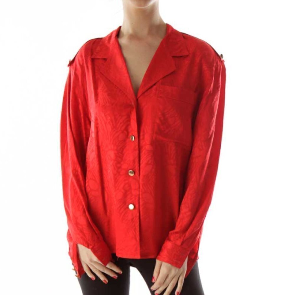 Oleg Cassini Red Printed Buttoned Blouse